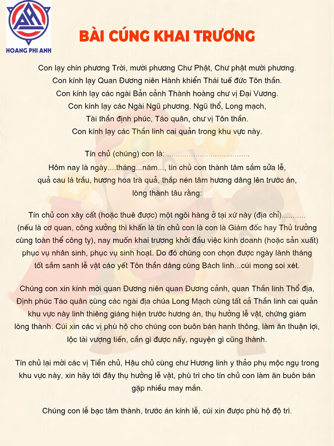 Bài Văn Khấn Khai Trương Theo Lịch Âm 2026