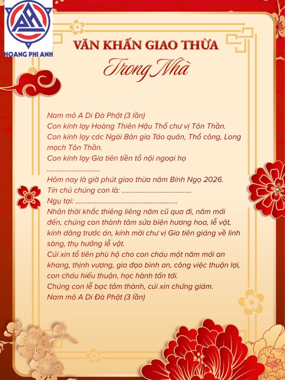 văn khấn giao thừa trong nhà